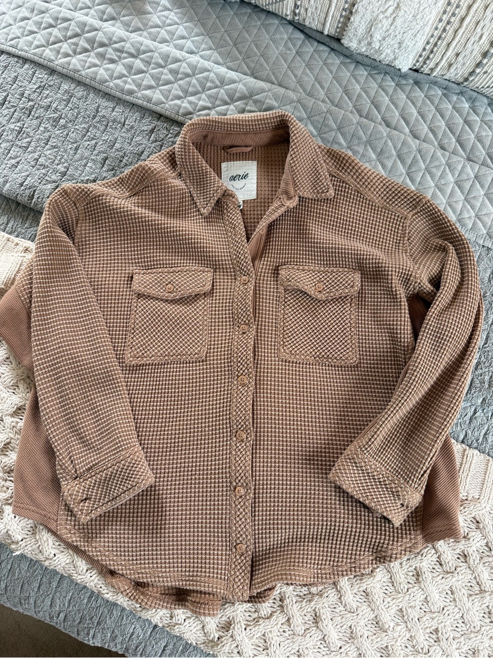aerie Waffle Knit Button-Up Sweatshirt Jacket - Picture 2 of 7